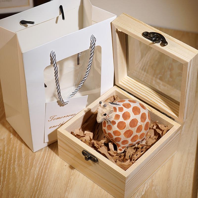 Chubby Giraffe Handmade Wooden Figurine Cute Cartoon Desk Decor for Bookshelf