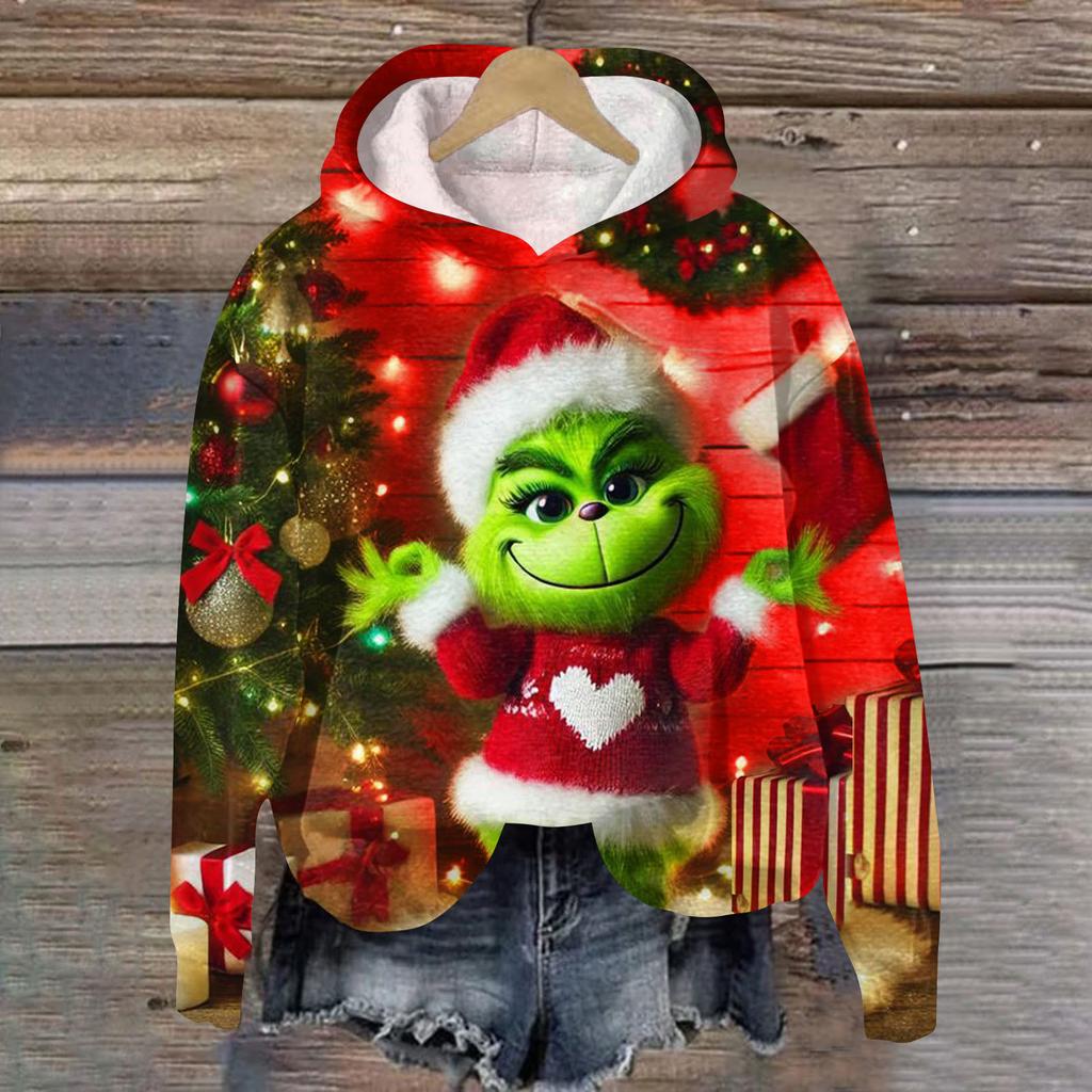 Ladies' Christmas Greentown Print Casual Long Sleeved Hooded Sweatshirt Top