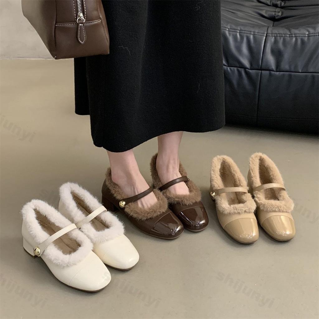 Fashion Elegant Metal Buckle Mary Janes Woman 2024 Comfort Fur Low Heel Dress Shoes Ladies Winter Warm Plush Belt Pumps Zapatos De Mujer