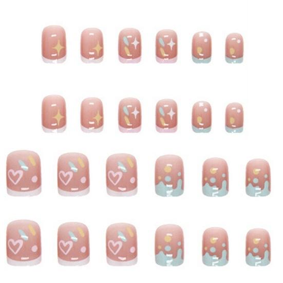 24Pcs Drücken auf Kurz mit Liebe Kleber Nette Blume Nägel Herz Quadrat Glänzend Nagel