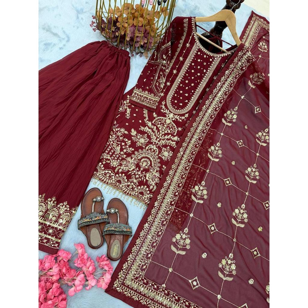 *Launching New  Đěsigner Party Wear Look Pur Heavy Faux Georgette Top Plazzo & Dupatta Set
