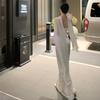 White one-word shoulder tube top dress women's senior sense socialite evening dress heavy industry sequined satin sense hip wrap dress