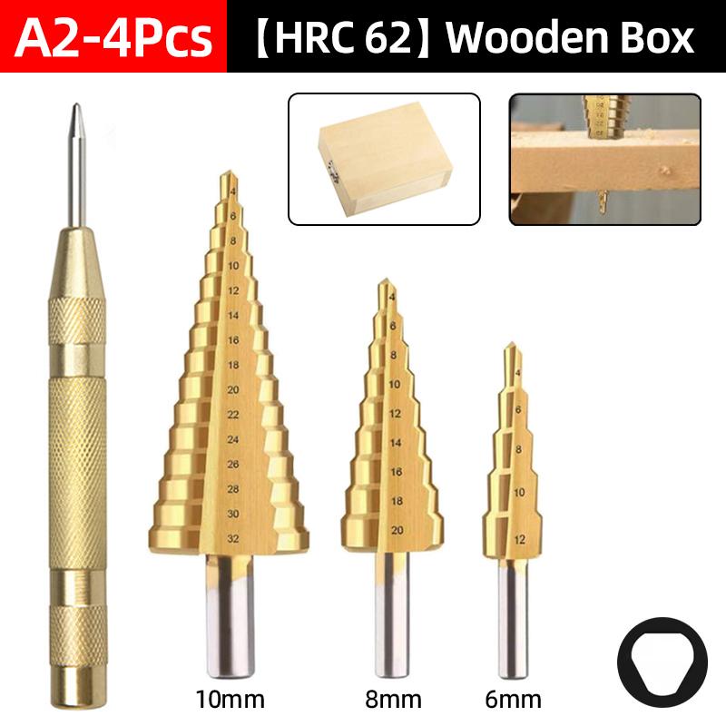 HSS Step Drill Bit Center Punch Drills Set 4-12 4-20 4-32mm Woodworking Metal Hole Cutter Cone Core Drilling Hole Tools Wood Box