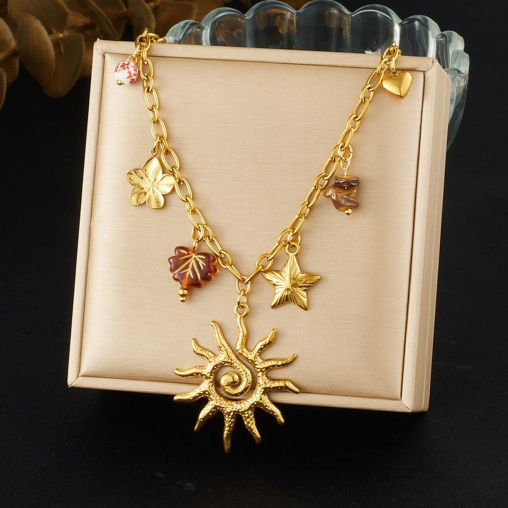 DIEYURO 316L Stainless Steel Golden Sun Totem Flower Crystal Necklace Bracelet Set Lady Trend Fashion Waterproof Jewelry Gift