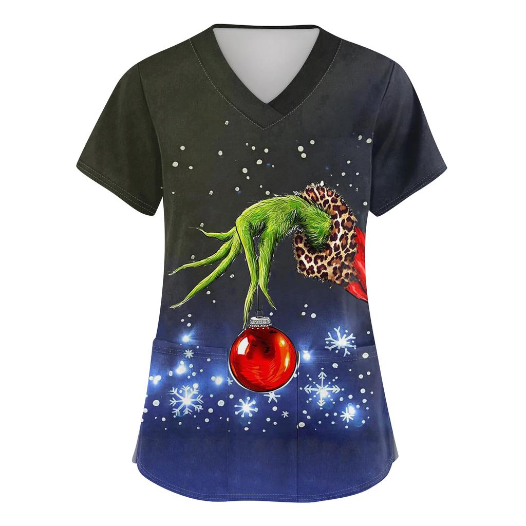 Women's Loose Short Sleeved Fashionable Tooth Pattern Printing V-neck Buttonable Side Slit Top T-shirt