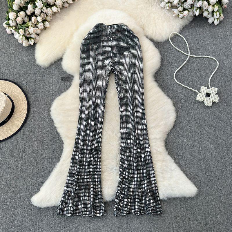 

Fashion High Waist Shiny Casual Skinny Pants Sequin Silver Gray L