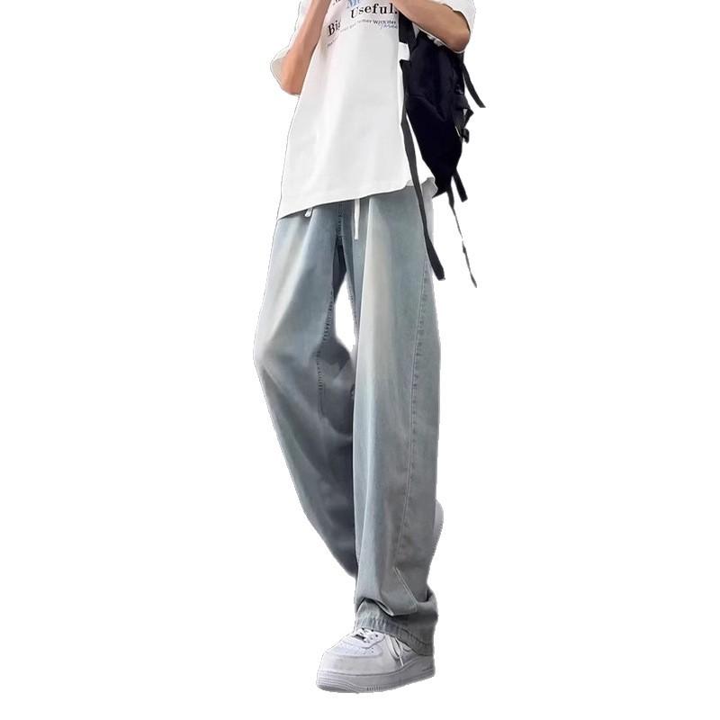 Retro American jeans men's summer thin high street washed old trendy brand elastic waist straight wide leg trousers