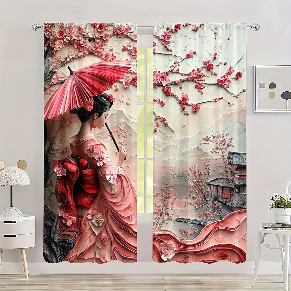 Sada 2 živých japonských gejš jarních závěsů Polyester Design Sakura Hora Fuji Ložnice Venkovní Festivalová Dekorace Okenní Dekorace