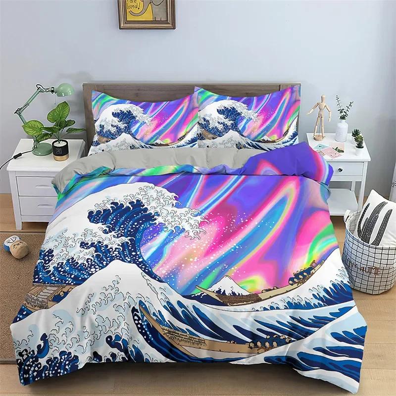 3D Ocean Waves Beding Set Quen Sized Dimensions Soft Sumer Sea Beach Soft Duvet Cover Set Hawaian Tropical Print Warm Comforter Cover Pilowcases