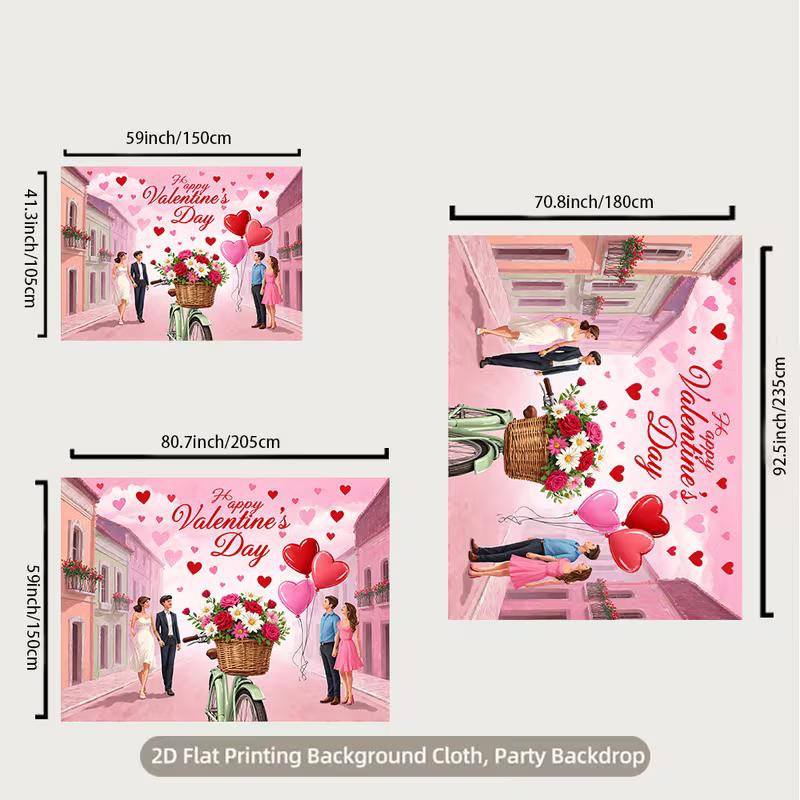 2D Romantic Town Valentine's Day Backdrop for Couple Party Photoshoot