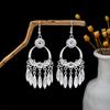 Ethnic Miao Silver Style Long Tassel Earrings with Ancient Scenic Stud Design for Women