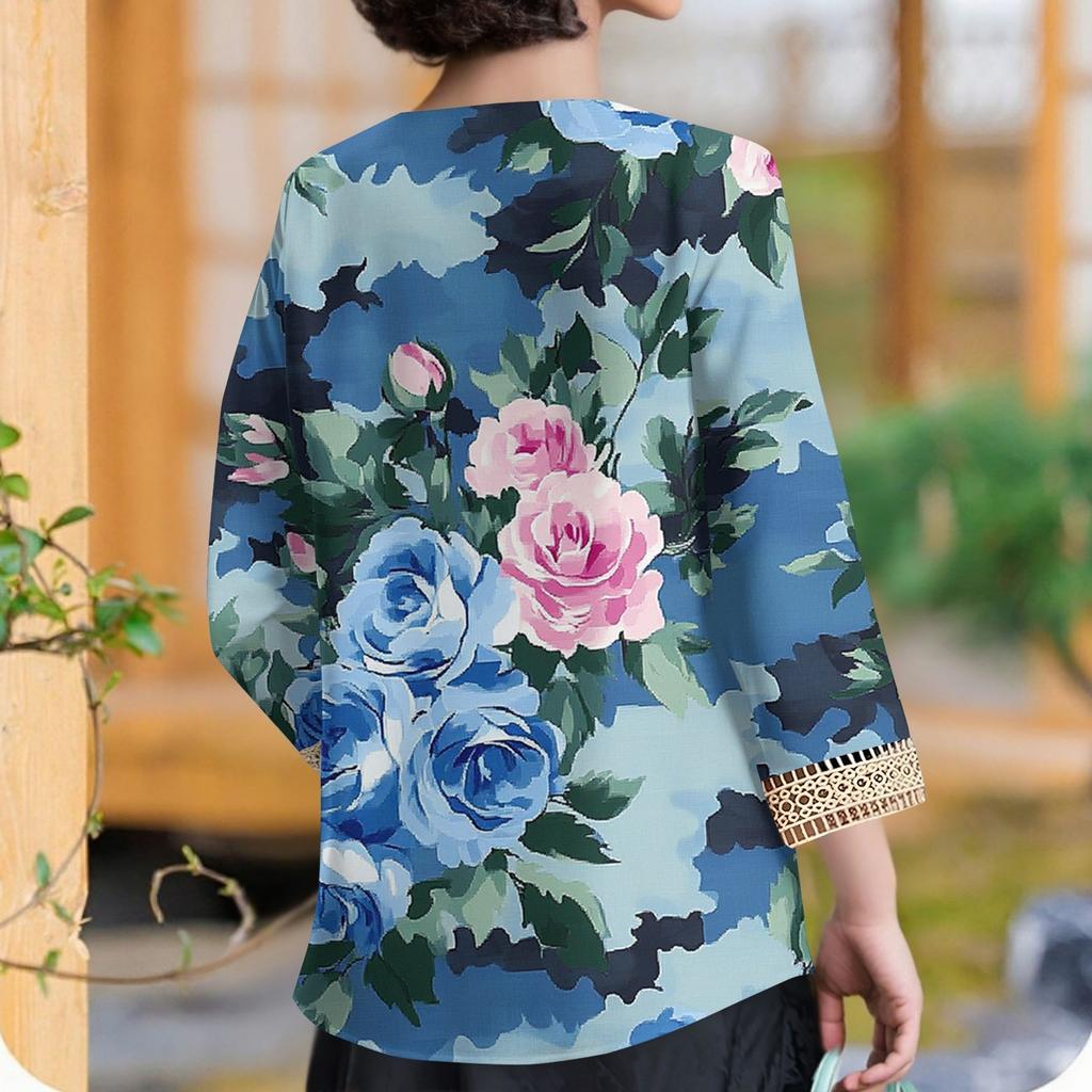 Women's Vintage Print Lace Top With Three-quarter Sleeves Top