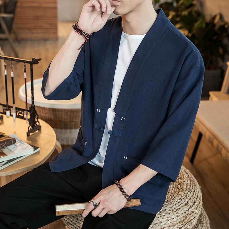 Mens Black Chinese Style Open Front Linen Blend Haori Jacket