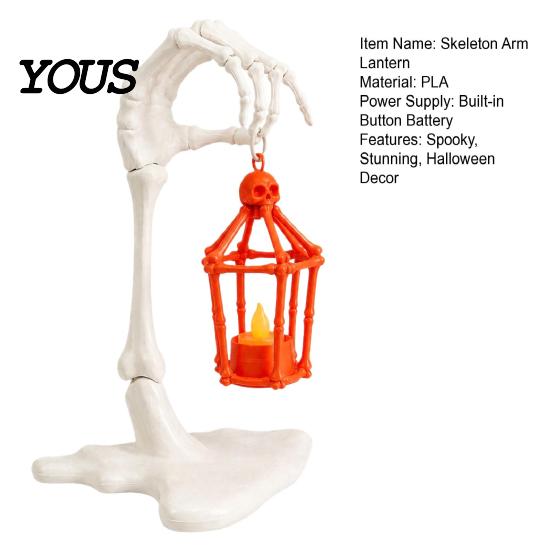 Battery Operated Flickering Light Skeleton Arm Lantern, 3D Printed Halloween Hand Holding Up Lantern Portable Table Centerpiece with LED Candle