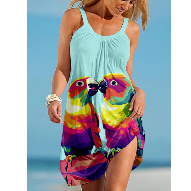 Sunflower Parrot Print Strap Mini Beach Dress Women Boho Summer Sexy Floral Dress Sleeveless Party Evening Dresses