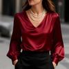 Nuova Elegante Camicia da Donna in Raso con Maniche a Bolle e Scollo a V Stile Francese