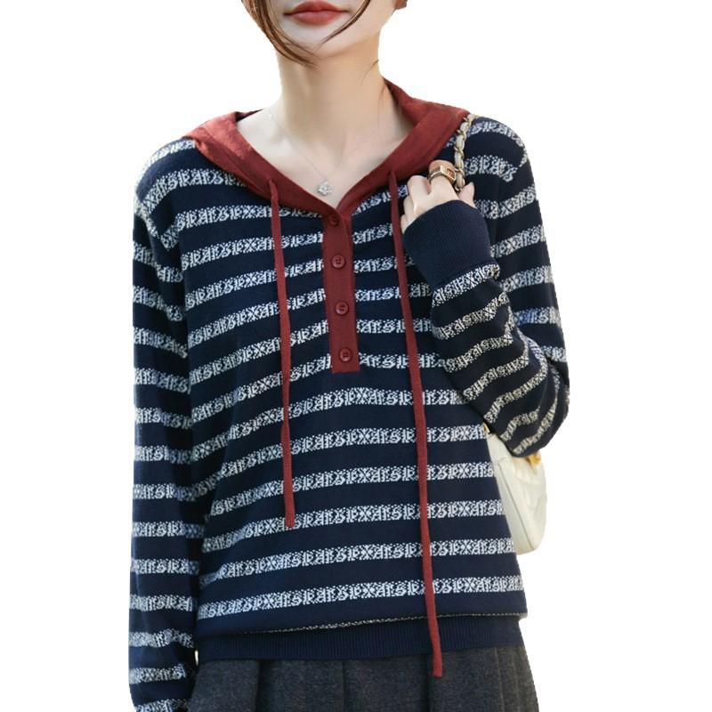 Womens Striped Hooded Wool Blend Knit Sweater Casual Oversized Pullover Top Office Daily Wear