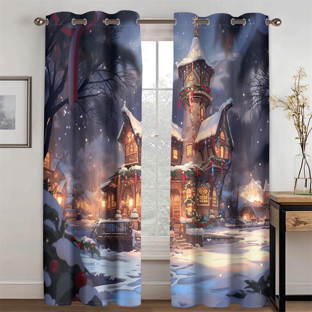 

Мультяшный Лес Рождественский Коттедж Шторы Изысканная Рождественская Елка Подходят для Детской Комнаты Гостиной Спальни Кухни 2 шт. 50W130H(CM)X2PCS&Hook