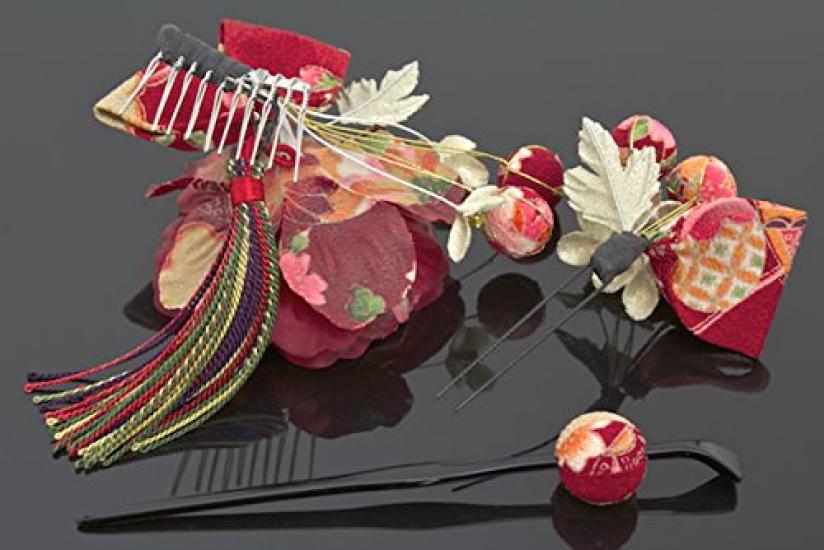 [SOUBIEN] Hair Ornament Set for Coming-of-Age Ceremony, Graduation Ceremony, Flower and Japanese Pattern, Braided Cord, for Furisode, Hakama, Kimono,