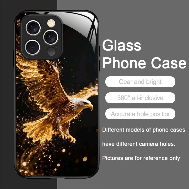 Stylish Eagle Golden Diamond Pattern Tempered Glass Phone Case for IPhone 17 16 Pro Max 15 14 13 12 Mini 11 X XS 7 8 Plus Cover