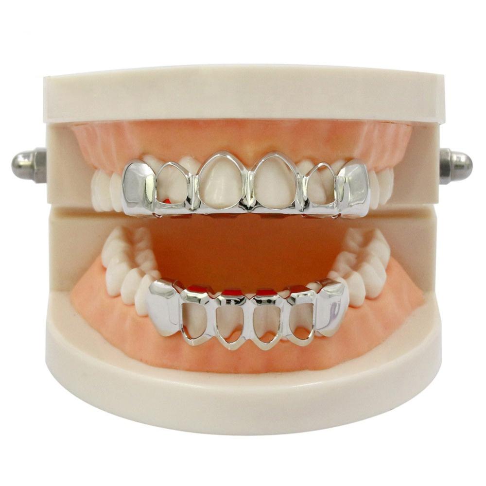 S925 Sterling Silver Hip Hop Teeth Grillz for Teeth Fashion Top Bottom Hollow Tooth Dental Grills for Unisex Jewelry Party Gifts