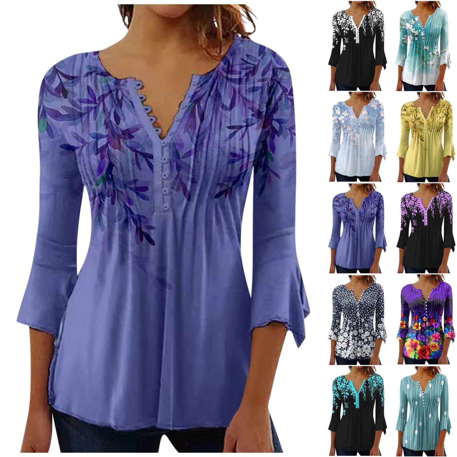 

Женская мода V-образным вырезом и пуговицами плиссированная футболка с рукавом три четверти и лепестком с цветочным принтом Топ