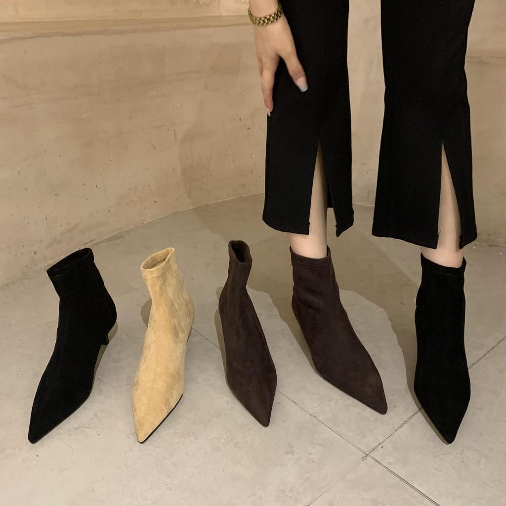 2025 autumn and winter pointed thin heel elastic boots Internet celebrity thin boots medium boots matte high heel velvet commuter short boots women