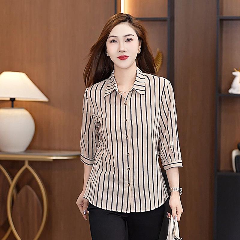 Women's Slimming Striped Cotton Shirt - Petite 7-Sleeve Professional Style for Spring, Summer, or Autumn 2025