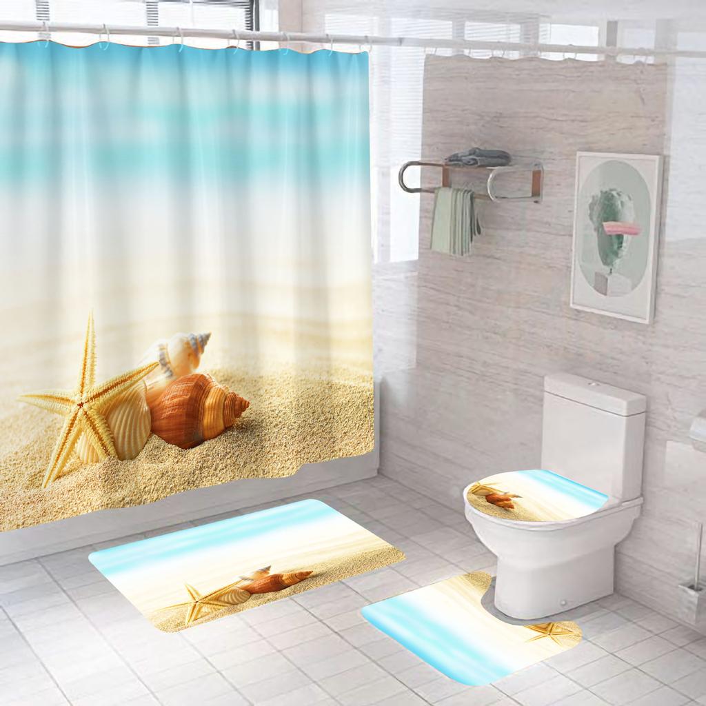 Bathroom Shower Curtain Four-piece Digital Printing Beach Shell Waterproof Shower Curtain Shower Curtain Partition Curtain Bath Mat