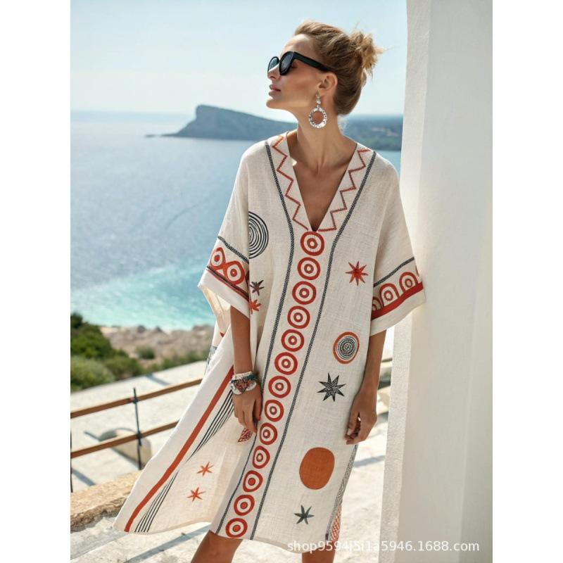 2026 women's V-neck dress seaside vacation 3D printing loose skirt beach