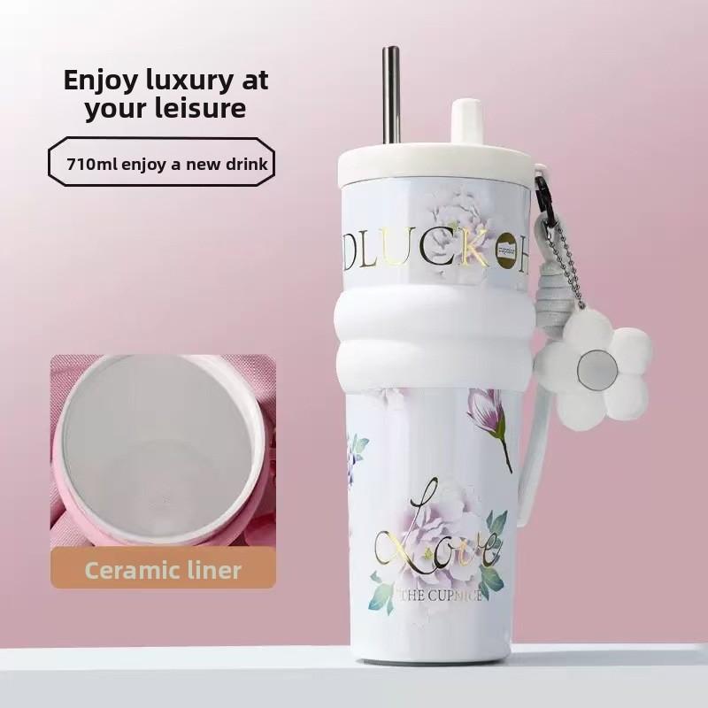 Ceramic Double Drink Coffee Cup With Handles And Straw For Office And Home Use