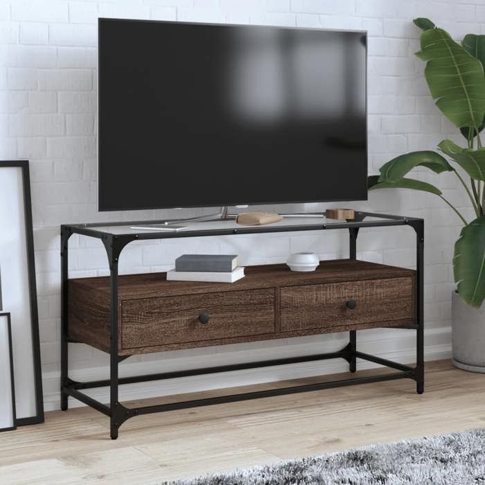 VidaXL Meuble TV avec dessus en verre chêne marron bois d'ingénierie, support TV, armoire média, armoire hifi, unité TV, 846068