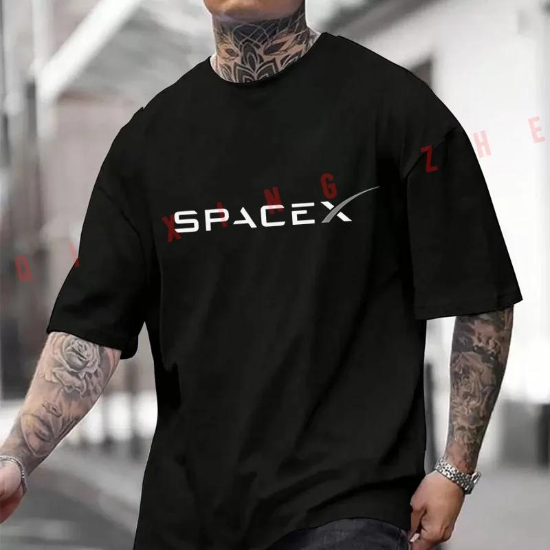 Men T-Shirt Spacex Lettering With Silver Accent Curved Design Moto Cotton Men‘s T-Shirt O-neck Short Sleeve Tops Tee