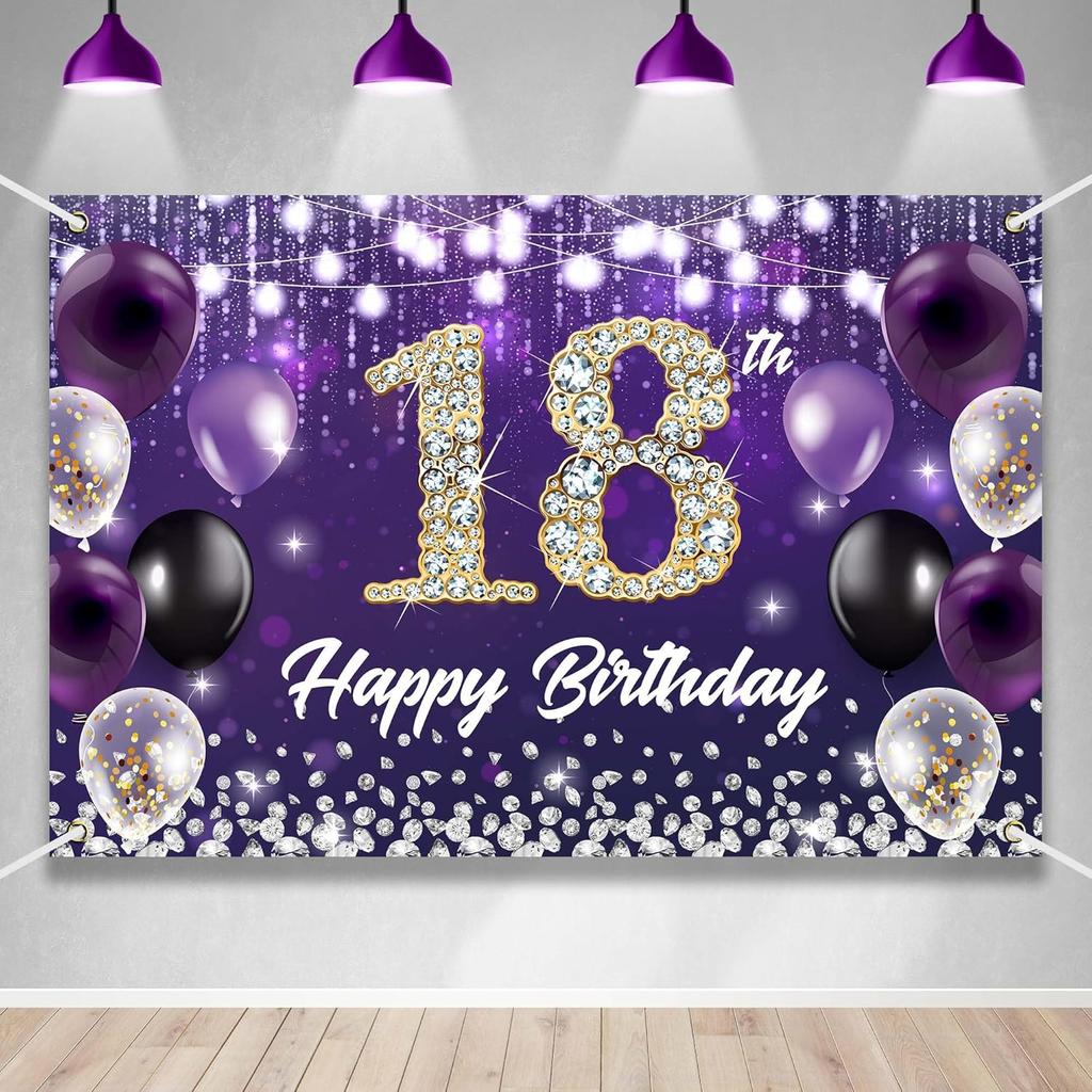 Happy 60th Birthday Backdrop Banner Purple Theme Background with Shiny Diamond Noble Elegant Birthday Party Photo Photography Prop Booth Background