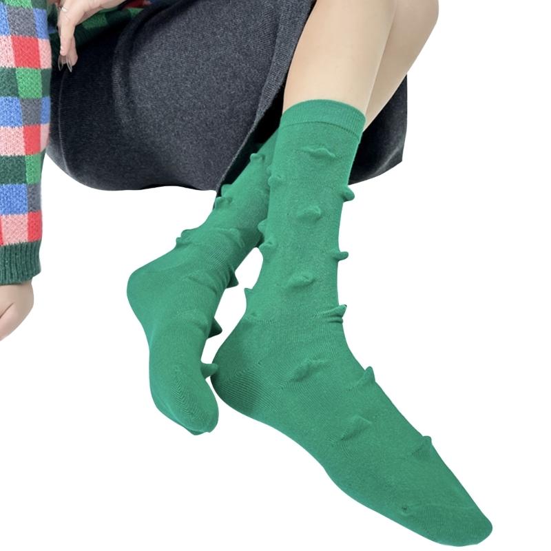 Womens Harajuku Cotton Crew Socks 3D Raised Point Cute Hedgehog Thorns Solid Color Skateboard Middle Tube Calf Socks