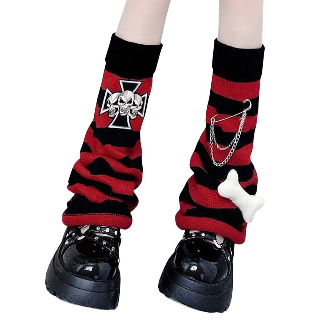 Gothic Women Leg Warmers Harajuku Punk Bone Skull Crosses Flared Knitted Foot Cover Winter Warm Long Socks Streetwe