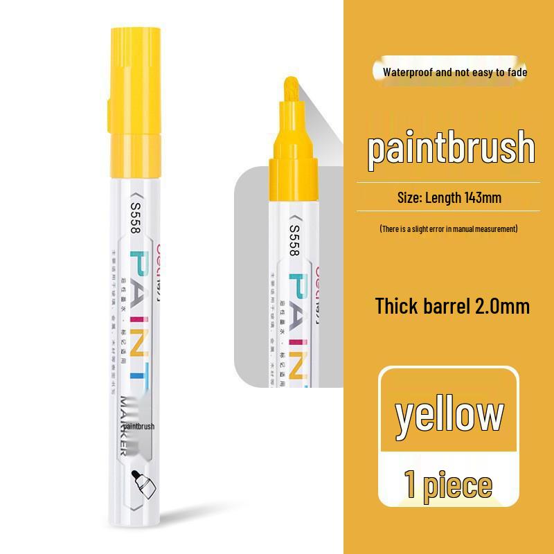 Deli S558 White Paint Pen: Waterproof, Oil-proof, Colorfast Tire and Touch-up Marker for Gold Lettering.