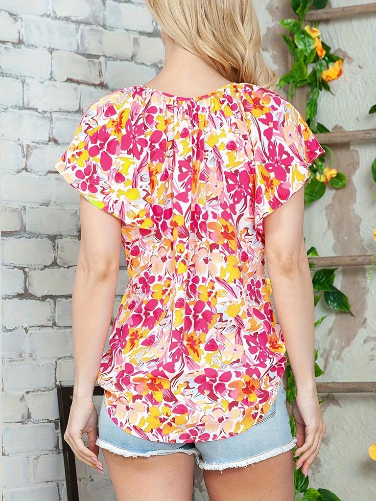 2025 Women's Summer V-Neck Ruffle Short Casual Printed Shirt