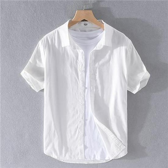 Men's White Slim-Fit Short-Sleeve Oxford Shirt with Square Collar