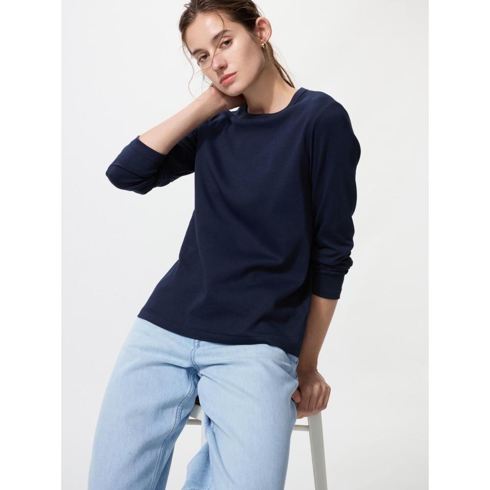 Uniqlo Хлопковая футболка с круглым вырезом и длинным рукавом с гладкой эластичной текстурой