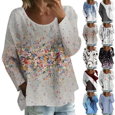 Blusa Casual Feminina da Moda Solta Gola Redonda Estampa Floral Manga Longa