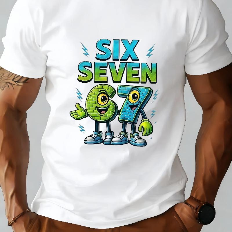 

Мужская повседневная футболка SIX SEVEN с коротким рукавом - Белый фон с рисунком кирпичной кладки Мультяшный - Рубашка с принтом 67 Мужская одежда S