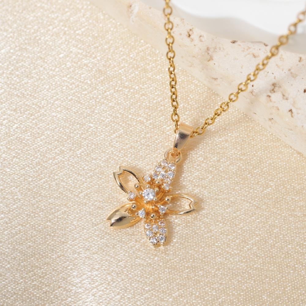 Modische Zirkonia Kirschblüten Anhänger Halskette, Zierlicher Blumenschmuck für Damen