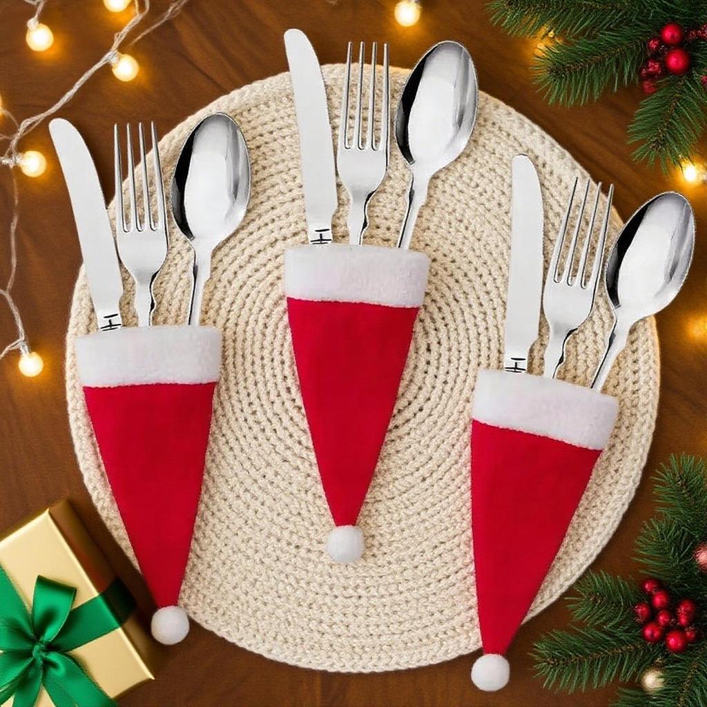 Mini Flannel Christmas Hat Cutlery & Wine Bottle Set Decoration