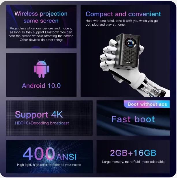 HONGTOP S30 Max 400 Ansi Lumens Global Version 4K Mini Portable Projector Android 10 2GB+16GB Theater Beamer For Home Theater