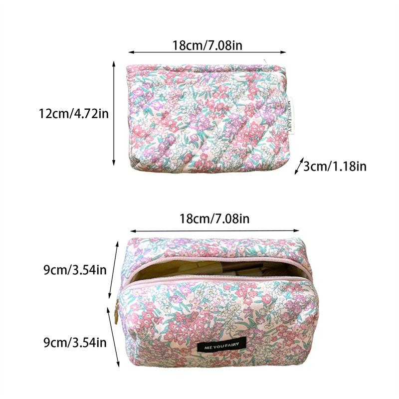 Cute Floral Quilted Makeup Bag Portable Coin Storage Travel Zipper Bag Compact Multi-Purpose Cosmetic Storage Pouch
