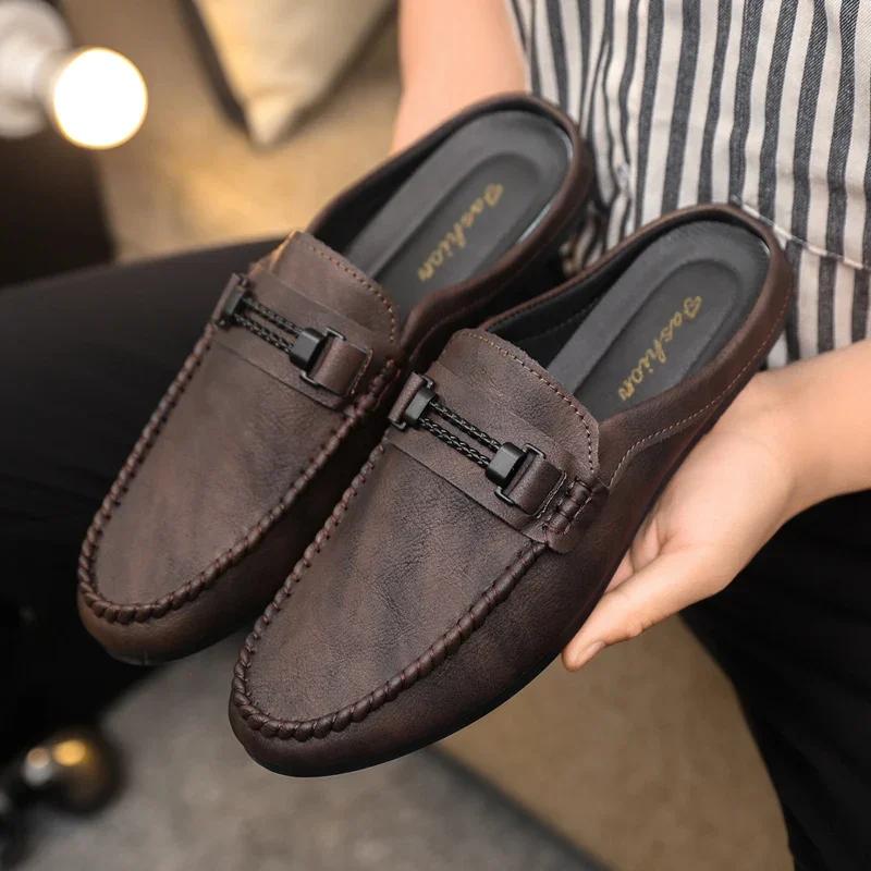 Mode Herren Halbschuhe Sommer Leder Atmungsaktiv Herren Freizeitschuhe Slipper Bequeme Fahr-Loafer Mokassins