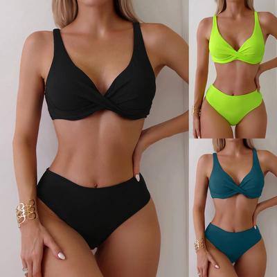 Y2k Vintage Bikini-Sets Badeanzug Damen Zweiteilige Anzüge Bademode Einfarbig Tiefer V-Ausschnitt Badeanzug Strandurlaub Badeanzug