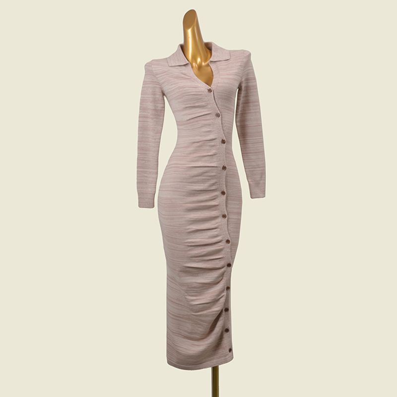 

Young Polo Collar Ruched Long Dress Single-Breasted Stylish Lapel Foreign Trade Original Order Sexy Knitting Dress Khakis S