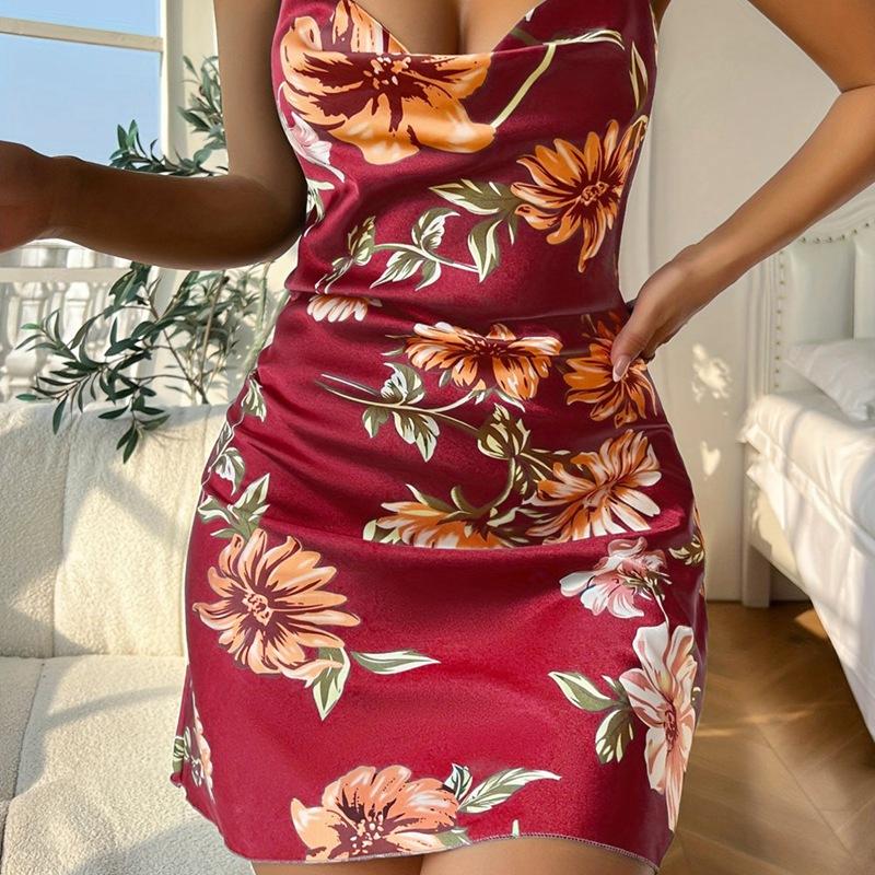 Women's Flora Print Silk Slip Dress Backless Sleeveless Dress
